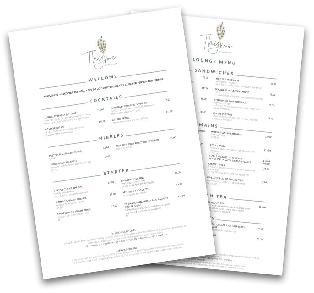 Thyme at the Manor sample menus with logo Thyme at the Manor sample menus with logo